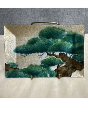 Vtg Japanese Cloisonne Shippo Tray Enamel Matsu Pine Tree  Art 7X4.5 Gold, Green